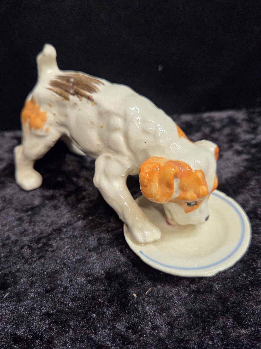 Vintage Jack Russel Terrier Porcelain Dog Licking Dish Figurine ~ Made In Japan